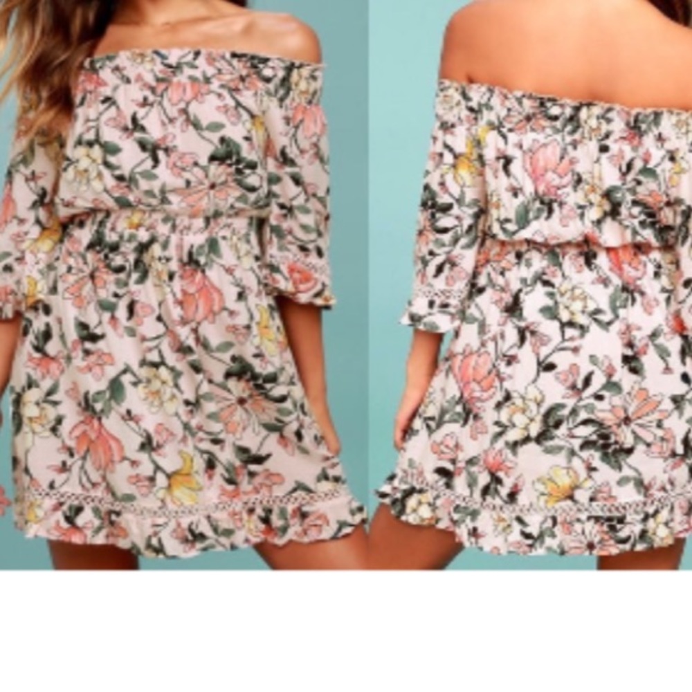 Lulu’s Hello Darling Blush Pink Floral Off Shoulder Dress Size Medium